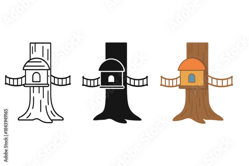 Suspended Tree Habitat. Tree trunk, suspended habitat, hanging walkways, first in line style with thin outline, second in solid