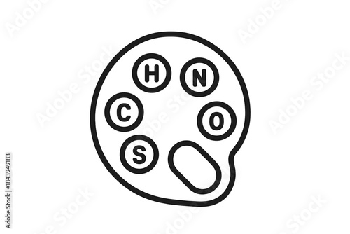 Chemical Art Palette. Line style icon of a paint palette with chemical symbols instead of colors, representing congener retention