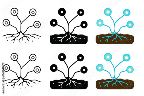 Glowing Mycelium Network. Fungal mycelium spreading across soil forming glowing internet nodes, abstract minimal vector design,