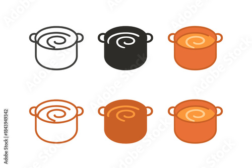 Copper Pot Icons. Warm copper pot with liquid swirling inside, simple minimal vector icon, first in line style with thin outline,