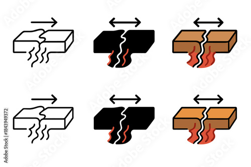 Set of six earthquake fault icons with arrows and cracks, varying colors.