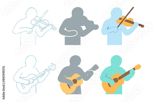 Set of six musician icons: two violins, four guitars.