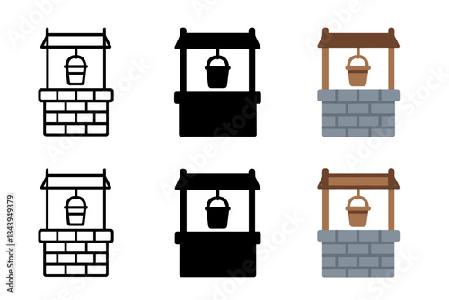 Bucket in Well Icon. Wooden bucket suspended in a stone well with rope, minimal vector icon, first in line style with thin outline