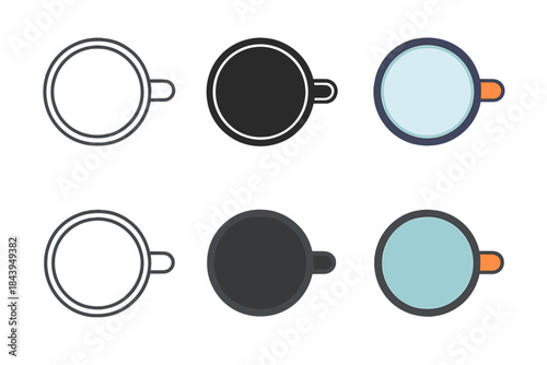 Enamel Mug Styles. Top-down view of enamel camping mug showing round rim and handle, simple minimalist vector illustration, first