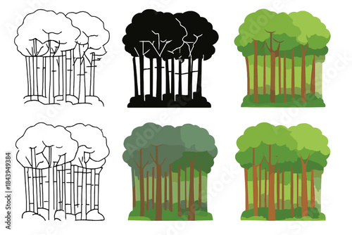 Layers of Forest Art. Dense beech mast forest with layered tree trunks and canopy depth, abstract minimal vector illustration,