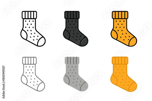 Stylized Wool Sock Icons. Thick wool sock with ribbed cuff and cozy texture, minimal vector icon, first in line style with thin