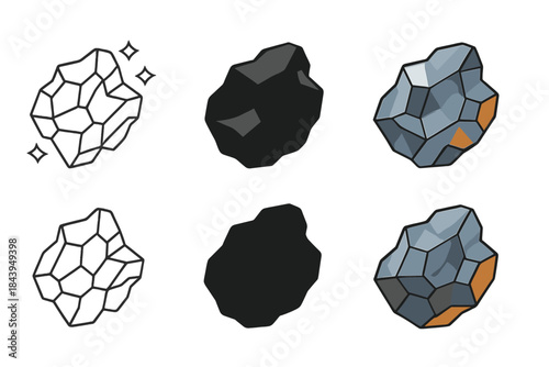 Meteorite Art Styles. Fragmented iron meteorite with angular crystalline surface and metallic shine, abstract minimalist vector