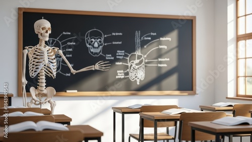 Educational classroom with skeleton and anatomy diagrams on blackboard for science learning