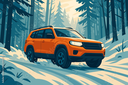 SUV in Snowy Forest. Dynamic shot of an orange SUV driving through a snow-covered forest, illuminated by soft winter light, bold