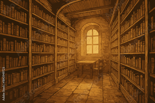 Rustic Library Glow. Rustic library interior with towering wooden shelves filled with old books, soft golden vector illustration