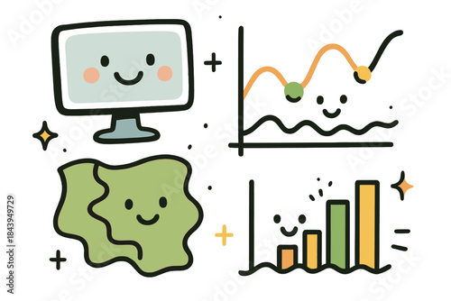 Cheerful Data Visualization. Playful doodle satellite data visualization with smiling screens, cartoon graphs bouncing, cheerful