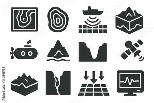 Ocean Floor Mapping Icons. Solid style icons of mapping the ocean floor: bathymetric chart, contour lines, sonar scan grid, 3D