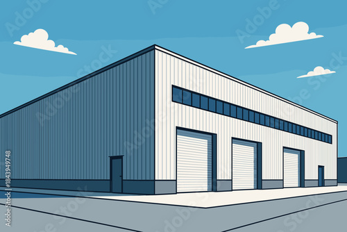 Modern Industrial Warehouse. Expansive exterior of a modern industrial warehouse under a bright blue sky, vector illustration