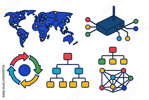 Vibrant Network Illustration. Isometric vector illustration set Network Mapping: world map with nodes, internet router hub, flow