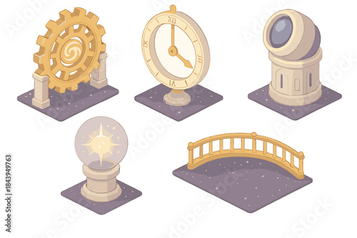 Eternal Mechanism Observatory. Isometric vector illustration set Eternal Mechanism Observatory: grand gear portal, suspended time