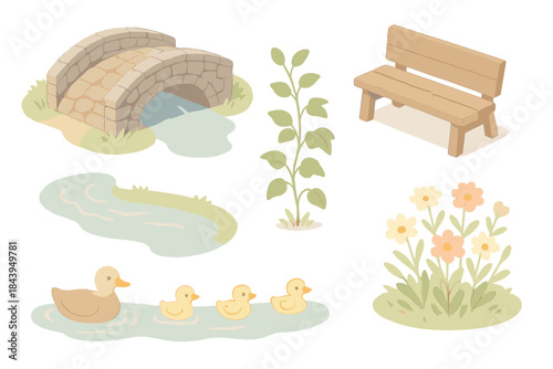 Village Stream Serenity. Isometric vector illustration set Village Stream Bridge: small stone path bridge, wooden bench, ivy vines