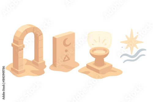 Celestial Desert Sanctuary. Isometric vector illustration set Celestial Dune Temple: sandstone archway, carved symbols, glowing