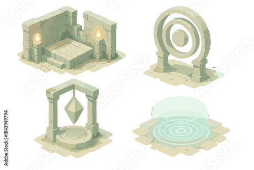 Echo Chamber Ruins. Isometric vector illustration set Echo Chamber Ruins: stone corridors, resonance rings, suspended relic core,