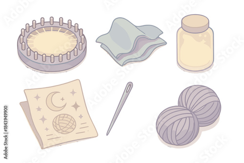Dream Weaving Instruments. Isometric vector illustration set of Dream Weaving Instruments: circular loom with light core, folded