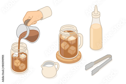 Iced Coffee Essentials. Isometric vector illustration set Iced Coffee Ritual: barista hand pouring coffee over ice, mason jar cup,