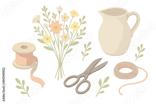 Rustic Bloom Arrangement. Isometric vector illustration set Rustic Bloom Arrangement: wildflower stems, ribbon spool, ceramic jug