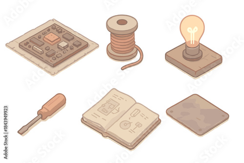Reclaimed Tech Workshop. Isometric vector illustration set Reclaimed Tech Workshop: rustic motherboard on fabric mat, wire spool,