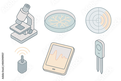 Fungal Communication Lab. Isometric vector illustration set Fungal Communication Lab: microscope lens, glass petri dish with