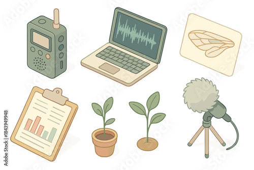 Bioacoustic Bee Research Icons. Isometric vector illustration set Bioacoustic Bee Research: portable recorder, open laptop with