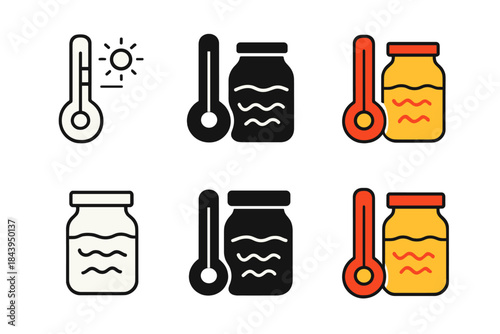 Fermentation Temperature Icons. Thermometer and jar icon showing ideal fermentation temperature, precise but warm concept of