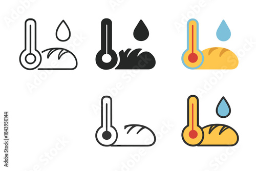 Bread Temperature Balance. Simplified thermometer and droplet symbols surrounding loaf silhouette, showing balance of temperature