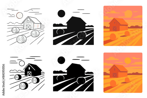 Barn Under Sunset. Barn and hay bales under pink-orange sky, long shadows stretching across field, serene balanced composition,