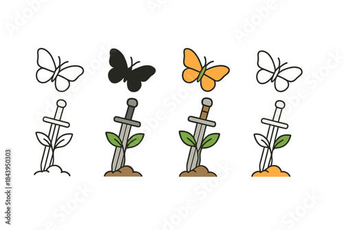 Butterfly and Buried Sword. Butterfly flying above a seedling growing around a buried sword, minimal vector composition, first in