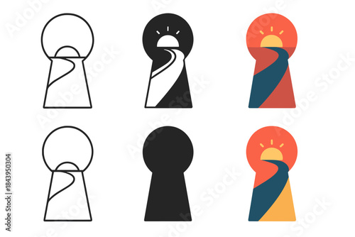 Sunset Through Keyhole. Sunset view seen through a keyhole at the end of a smooth curving road, minimal vector composition, first