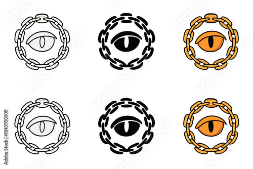 Dragon Eye Amulet. Chain links wrapping around a dragon’s eye in the shape of a protective amulet, simple minimalist vector icons,