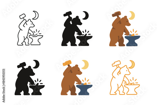 Moonlit Bear Forging. Bear forging under the moonlight with hammer sparks flying, minimalist symbolic icons, first in line style