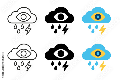 Eye Cloud Icons. Cloud shaped like an eye releasing small raindrops and flashes of lightning, simple clean vector icons, first in