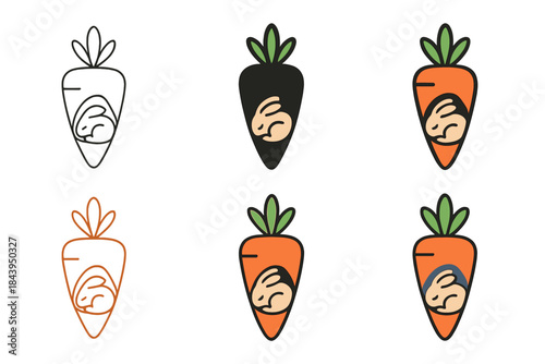 Carrot-shaped Rabbit Burrow. Hole in the earth shaped like a carrot with a small rabbit curled inside, minimal vector composition,