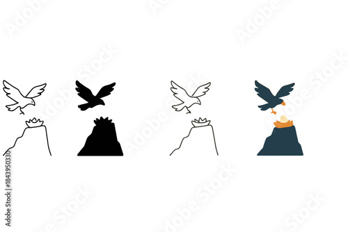 Eagle Cliff Imagery. Rocky cliff silhouette with a nest and an eagle soaring above it, minimalist symbolic icons, first in line
