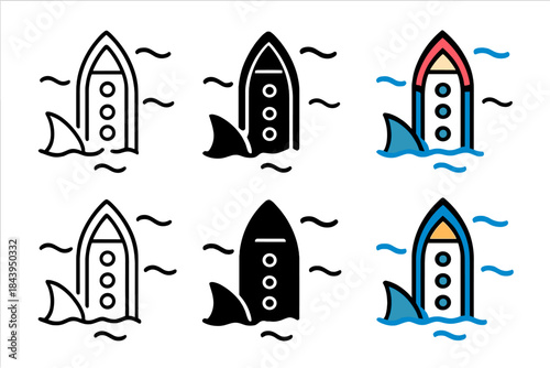 Ship and Shark Icons. Ship viewed from above with a shark fin circling nearby in the waves, simple clean vector icons, first in