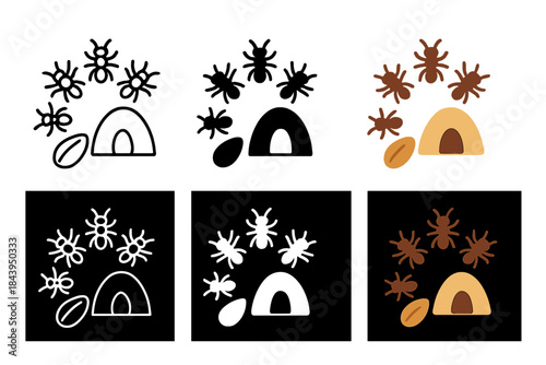 Ants Encircle Seed. Seed lying near an anthill entrance with ants forming a circular pattern around, simple minimalist vector