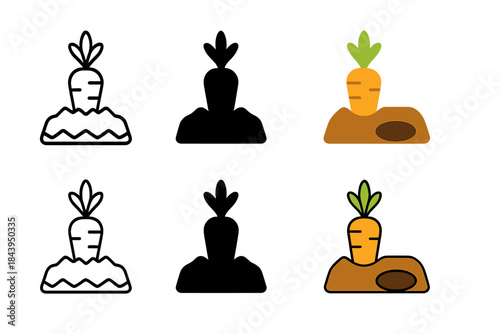 Rabbit Hole Carrot Icons. Carrot planted beside a rabbit hole with ears poking out from the top, simple clean vector icons, first