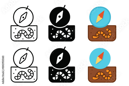 Worm Soil Compass Icon. Worm Soil Compass, clean modern icon showing harmony between underground life and human exploration, first