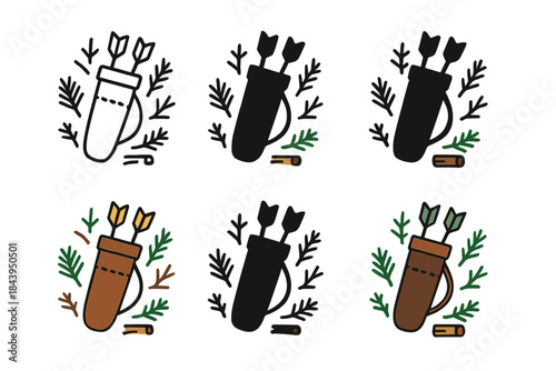 Quiver Icon Styles. Quiver icon surrounded by small forest elements like pine needles and branches, simple composition, first in