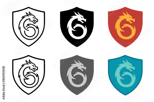 Dragon Shield Variations. Shield with dragon emblem curled around center, symbol of strength and protection, first in line style
