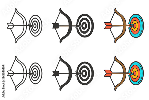 Stylized Archery Target. Curved bow drawn with arrow aimed at circular target, balanced geometric form, first in line style with