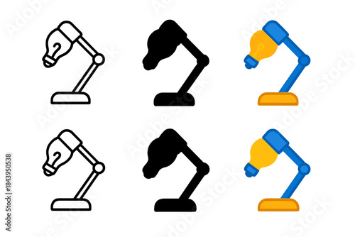 Modern Desk Lamp Icons. Desk lamp icon combining lightbulb and stand silhouette, symmetrical modern form, first in line style with