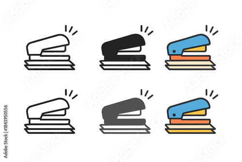 Stylized Stapler Icons. Closed stapler resting on neatly aligned papers, click sound symbol above, minimal workspace icon, first