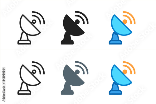 Satellite Icon Styles. Minimal satellite icon with parabolic antenna and wave lines, crisp technical design, first in line style