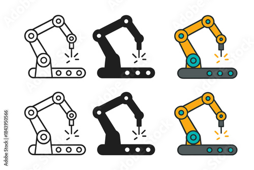 Robotic Arm Evolution. Robotic arm positioned over assembly line with small sparks of automation, sleek technological detail,