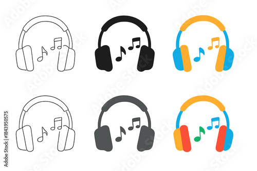 Headphones Styles Showcase. Over-ear headphones with music notes floating around, first in line style with thin outline, second in